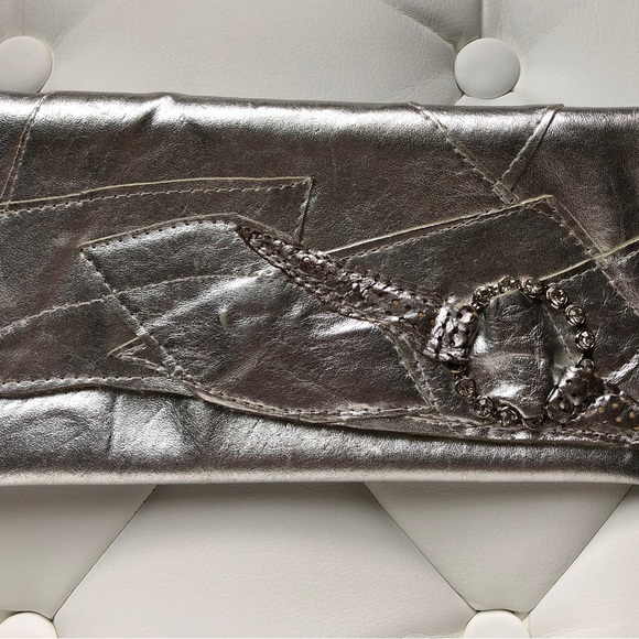 Vintage Metallic Silver Leather Clutch Handmade Handbag One Of A Kind - Picture 2 of 10